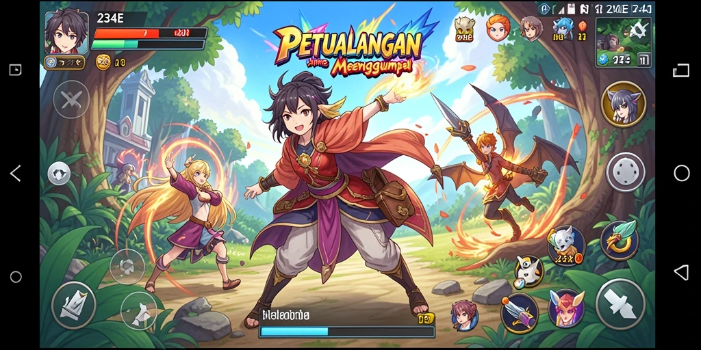 Tangkapan layar utama 234E menampilkan momen seru dalam permainan anime.