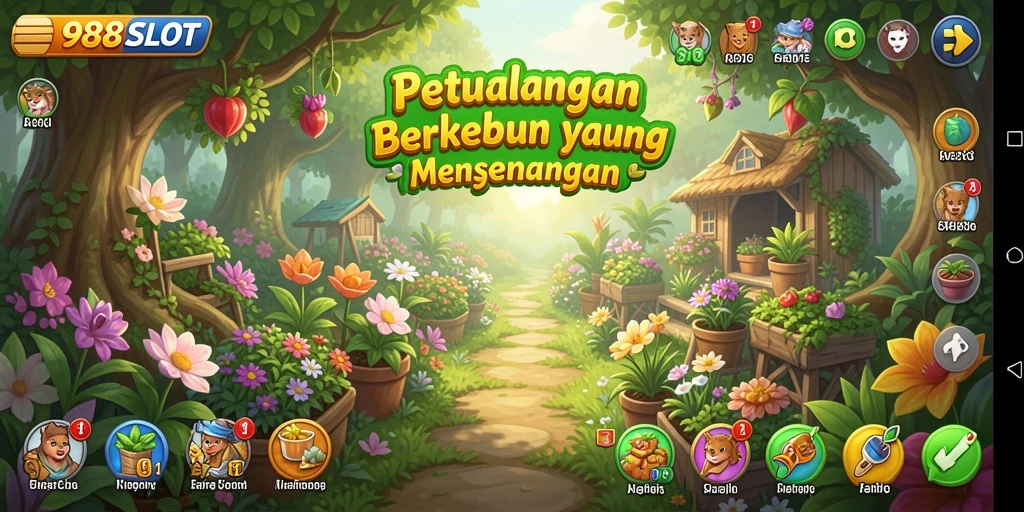 Tangkapan layar utama dari permainan 988SLOT menunjukkan kebun yang subur dan colorful.