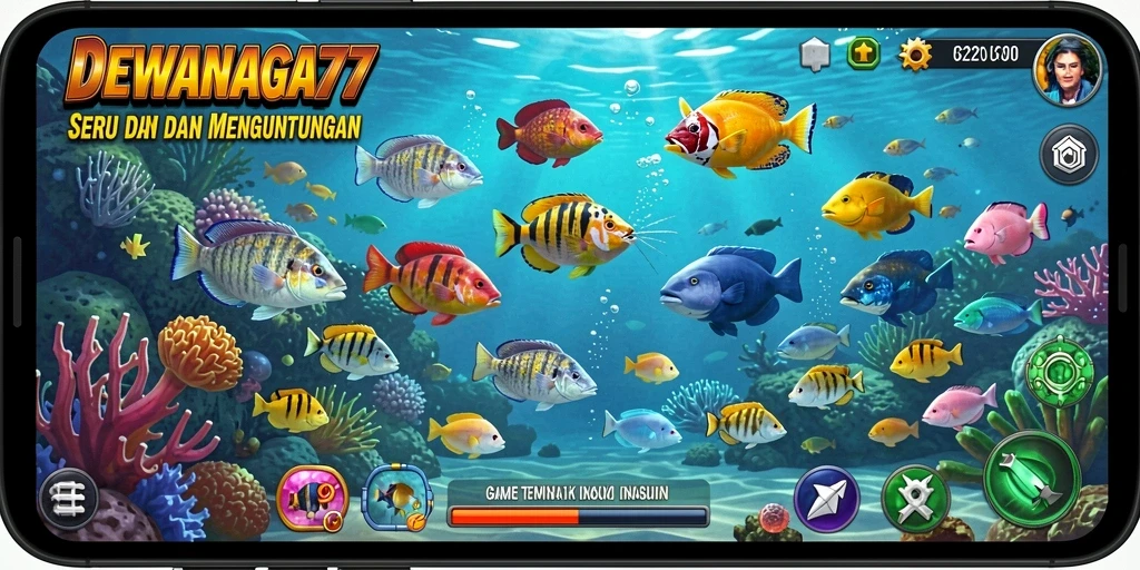 Screenshot gameplay DEWANAGA77 menunjukkan aksi seru menangkap ikan.