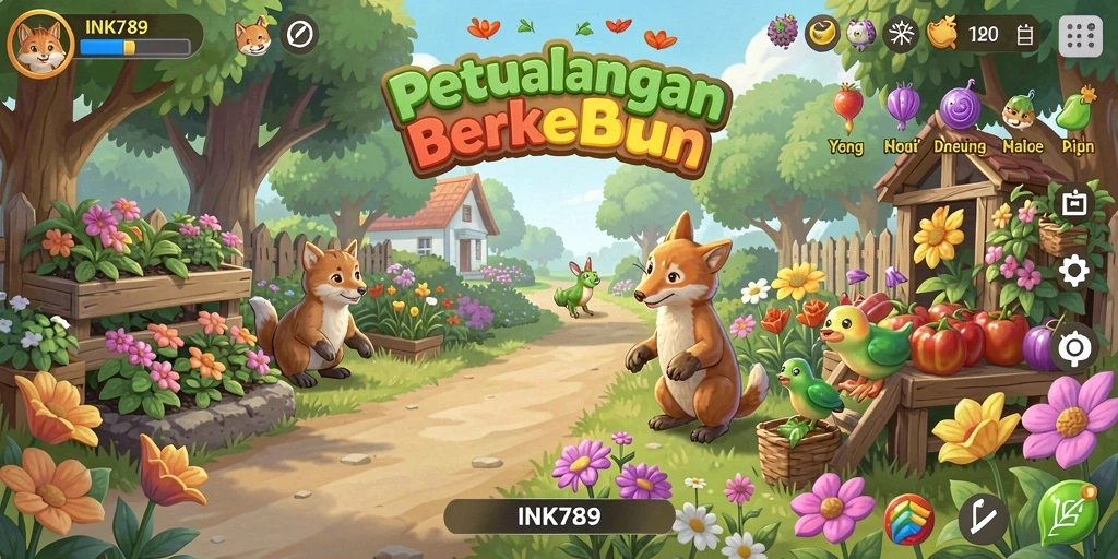 Tampilan gameplay seru di INK789 dengan suasana pertanian yang asri.