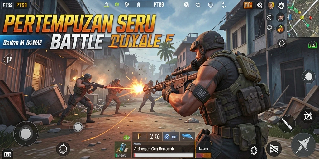 Menggambarkan aksi seru dalam permainan Battle Royale PT89.