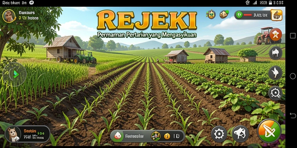 Tangkapan layar utama REJEKI menampilkan gameplay pertanian yang menarik dan penuh warna.