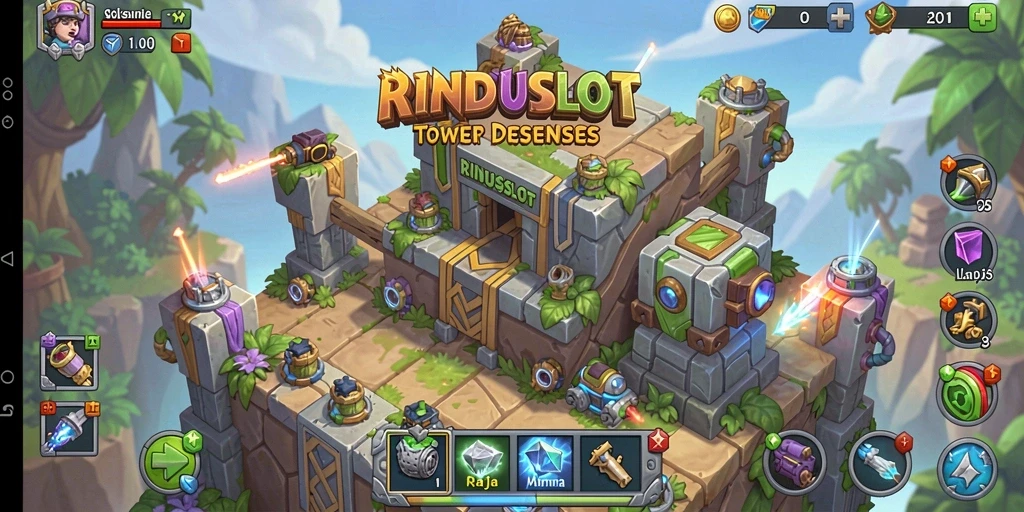 Tangkapan layar gameplay RINDUSLOT menampilkan pertempuran menara yang intens.