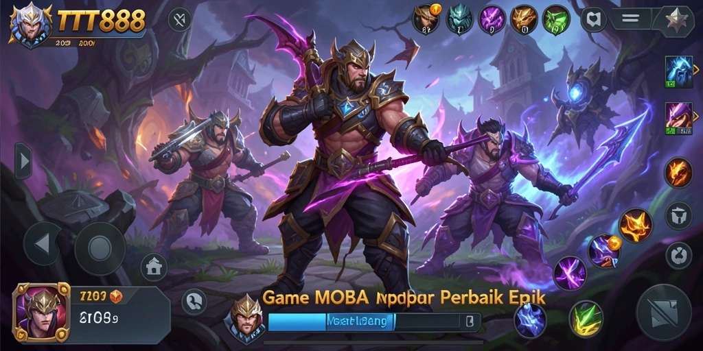 Screenshot TTT888 menampilkan pertarungan intens di arena MOBA.